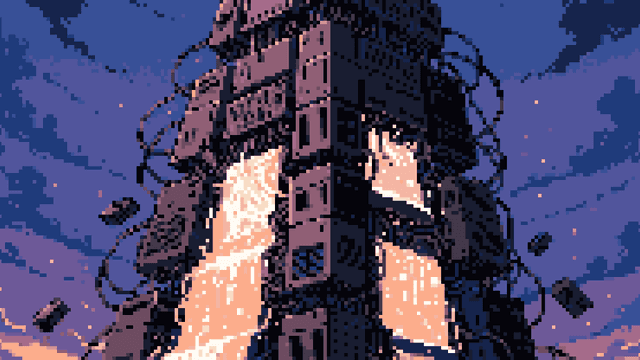 Pixel art girl holding a tall stack of books against a purple cloudy sky.