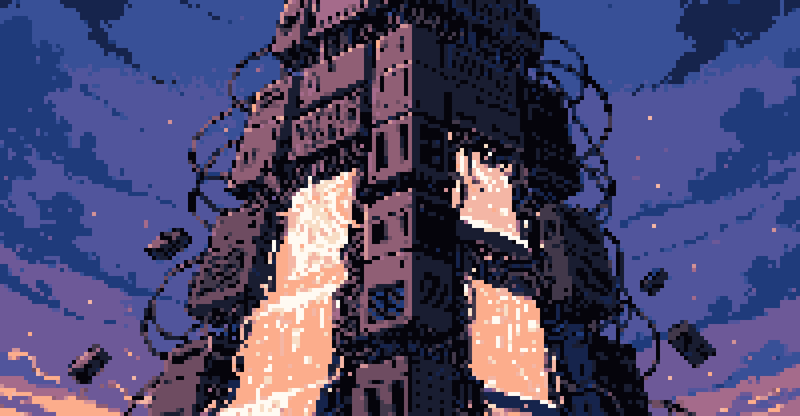 Pixel art girl holding a tall stack of books against a purple cloudy sky.