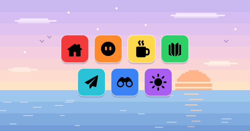 Seven colorful icon buttons float over a pixel-art sunset, ocean, and distant horizon.