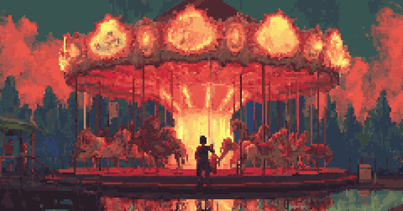 Pixel art of a child standing before a glowing, red-lit carousel at twilight.