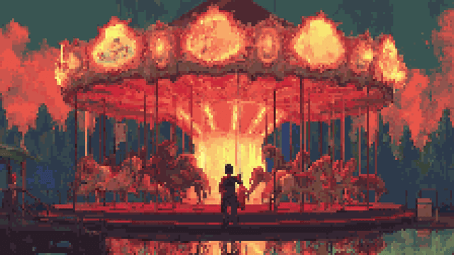 Pixel art of a child standing before a glowing, red-lit carousel at twilight.