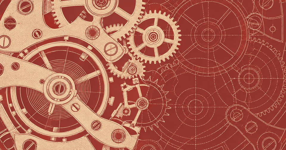 Red and beige blueprint illustration showing intricate interlocking mechanical gears and cogs.