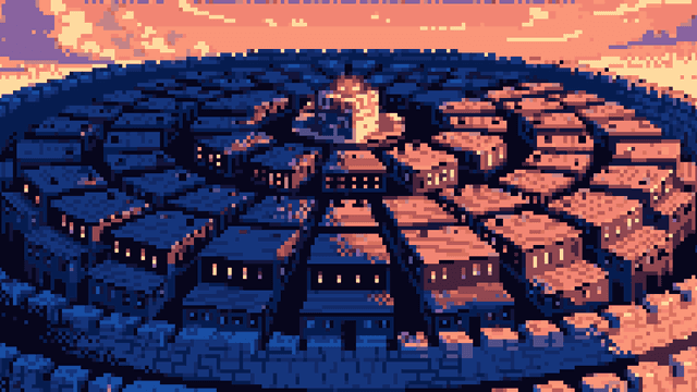 Pixel art tower with a ladder and a character on the balcony against a blue sky.