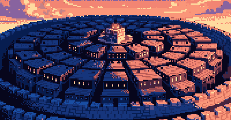 Pixel art tower with a ladder and a character on the balcony against a blue sky.