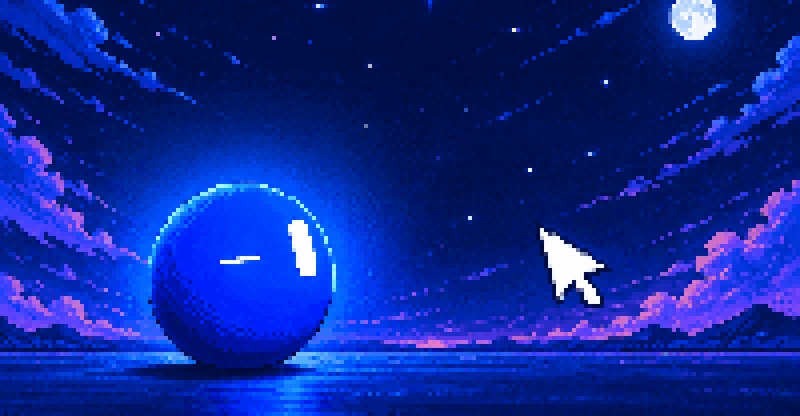 Pixel art of a blue sphere and white cursor under a starry, purple night sky.