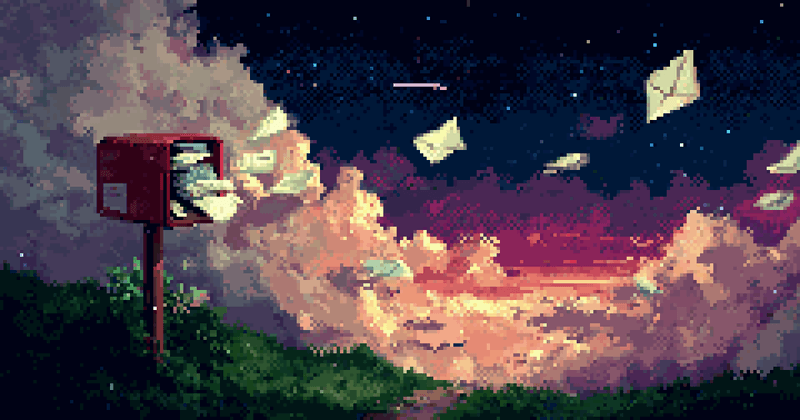 Pixel art of letters flying from a red mailbox into a starry, cloudy night sky.