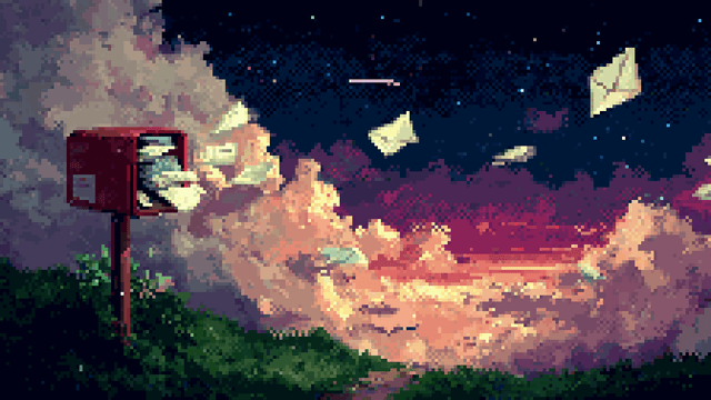 Pixel art of letters flying from a red mailbox into a starry, cloudy night sky.