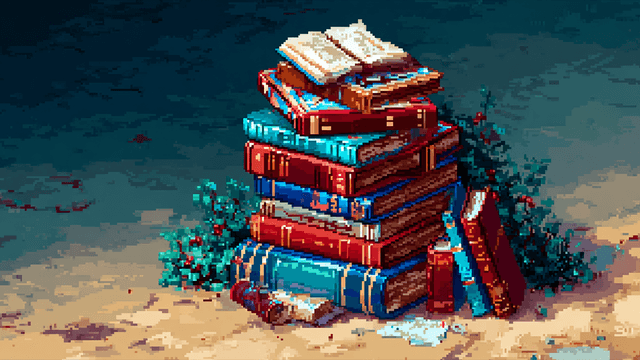 Pixel art of a tall stack of colorful books surrounded by small bushes.