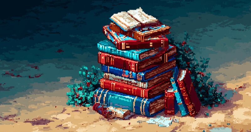 Pixel art of a tall stack of colorful books surrounded by small bushes.