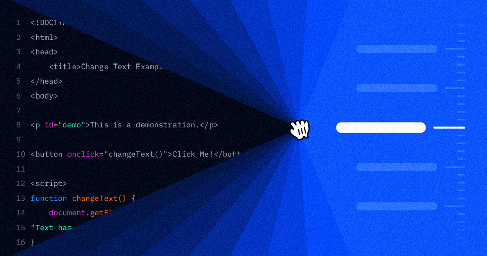 HTML code snippet next to a hand cursor icon and blue interface elements.
