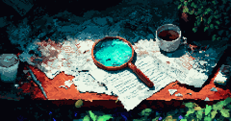 Pixel art of a magnifying glass on papers next to a tea cup.