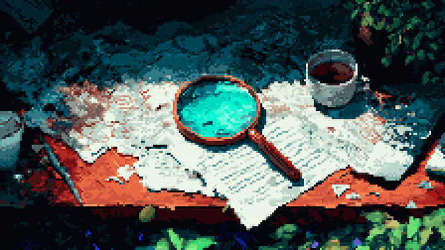Pixel art of a magnifying glass on papers next to a tea cup.