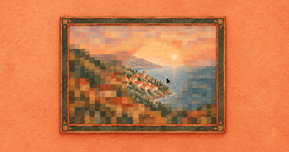 Framed pixelated painting of a coastal sunset on an orange wall with a mouse cursor.