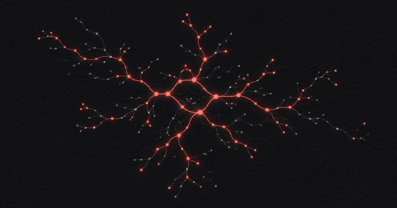 Glowing red branching network of connected nodes on a dark background with faint wavy lines.