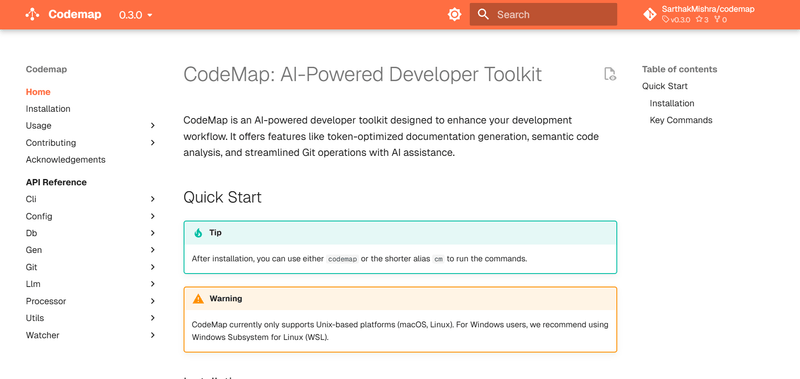 CodeMap software documentation website featuring a sidebar menu, Quick Start guide, and notification boxes.