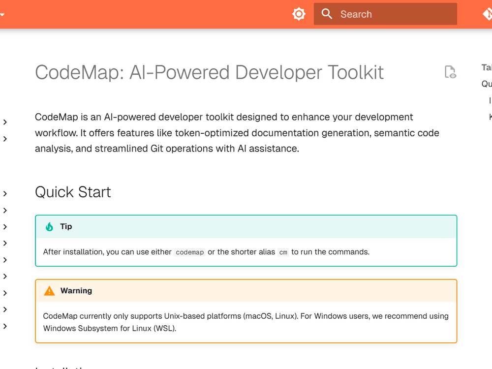 CodeMap software documentation website featuring a sidebar menu, Quick Start guide, and notification boxes.