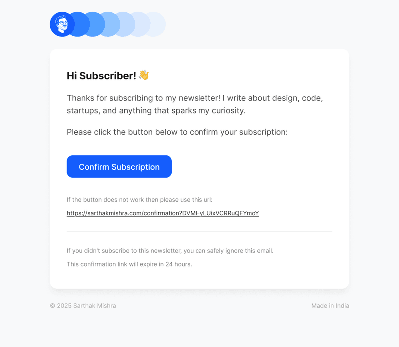 A newsletter subscription confirmation email card with a blue "Confirm Subscription" button.