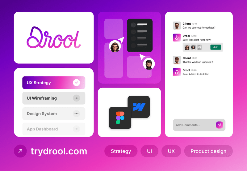 A purple-themed collage showcasing collaboration tools, task lists, and messaging for product design services.