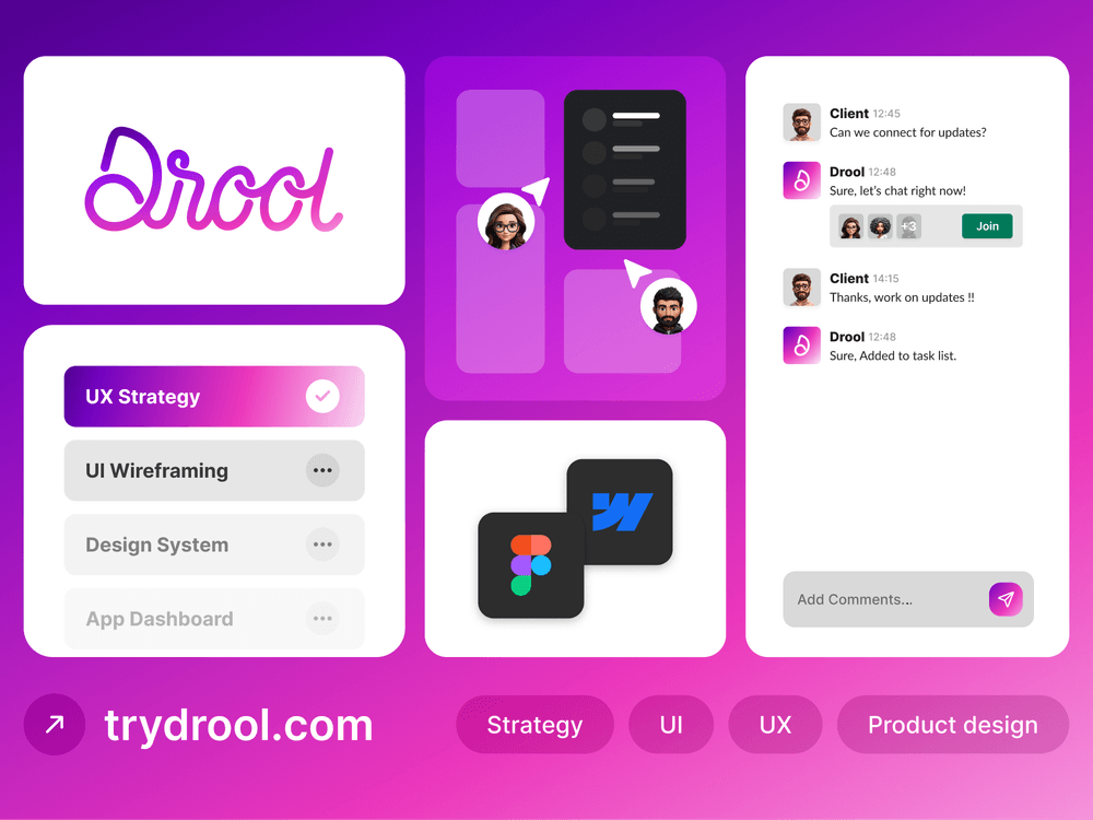 A purple-themed collage showcasing collaboration tools, task lists, and messaging for product design services.