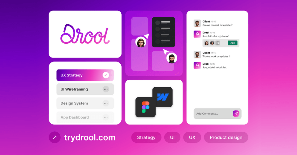 Drool interface mockups showing task lists, chat, and design logos on a purple gradient background.