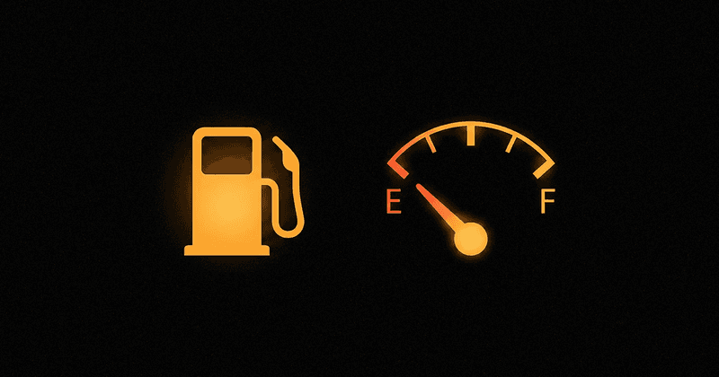 An image of a low fuel gauge with a fuel pump icon.