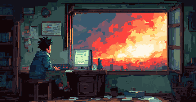 Pixel art of a person at a desk looking out onto a fiery sunrise.