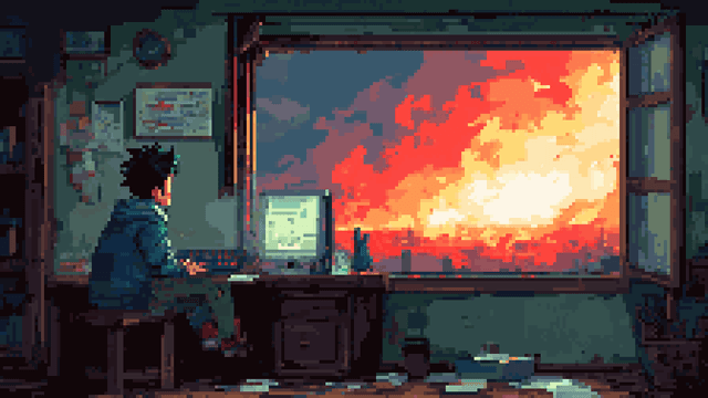 Pixel art of a person at a desk looking out onto a fiery sunrise.