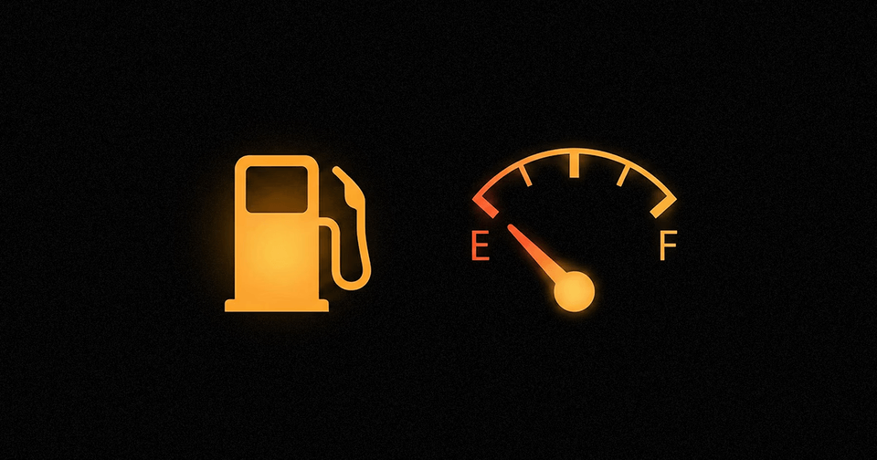 Glowing orange gas pump icon and fuel gauge pointing to empty on black background.
