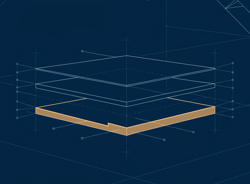 Three stacked isometric layers in red, orange, and teal displaying abstract UI components.