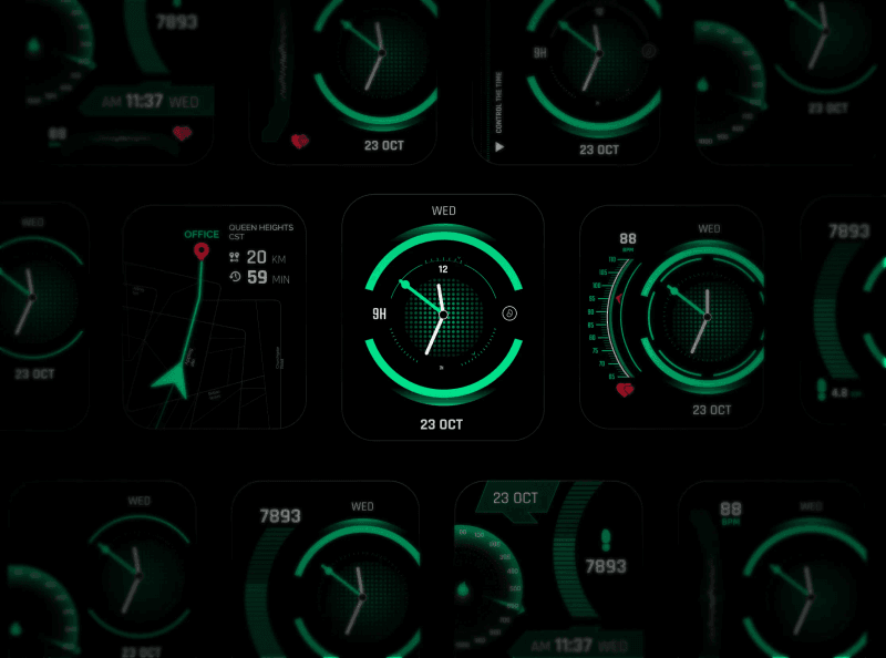 A collection of glowing green smartwatch interface designs displaying time, health data, and maps.