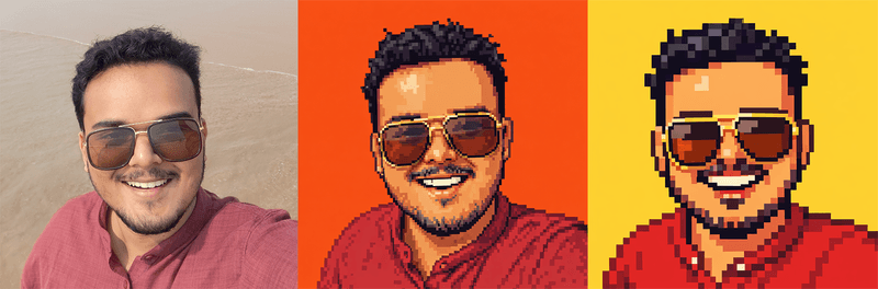 Three side-by-side portraits of a smiling man in sunglasses, transitioning from photo to pixel art.