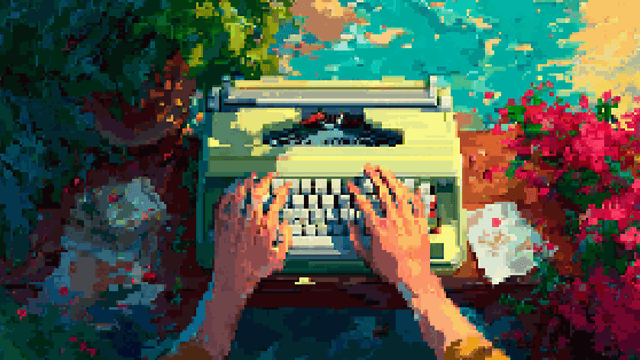 Pixel art of hands typing on a vintage typewriter surrounded by lush garden plants.