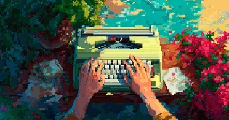 Pixel art of hands typing on a vintage typewriter surrounded by lush garden plants.