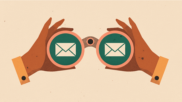 Illustration of hands holding a binoculars, with icons of email on the lens.