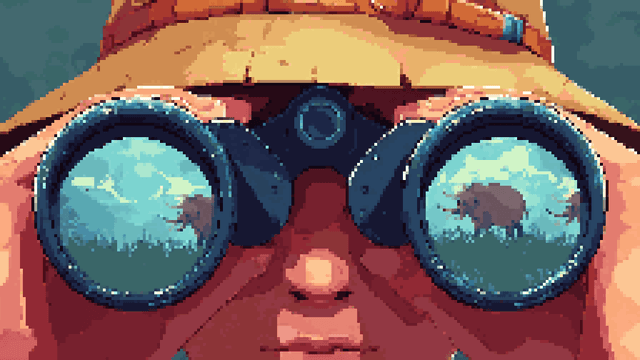 Pixel art of a person looking through binoculars reflecting a herd of elephants.