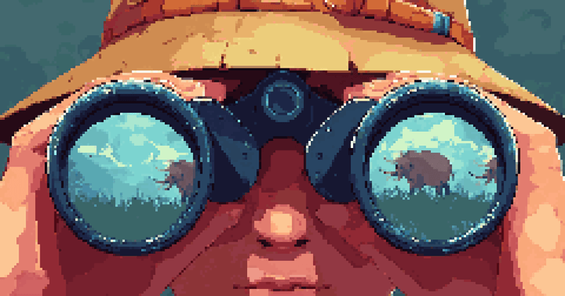 Pixel art of a person looking through binoculars reflecting a herd of elephants.