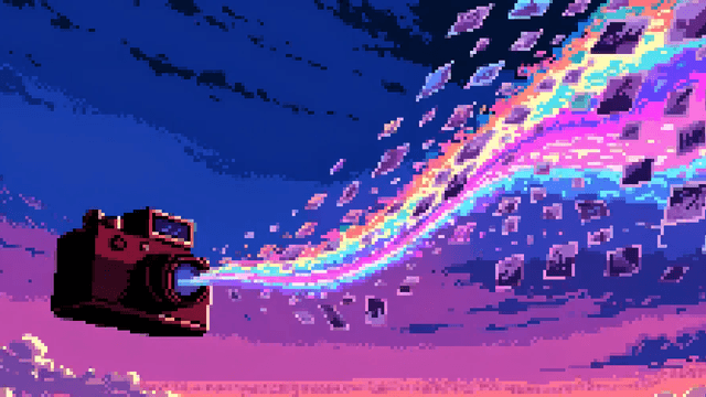 A pixel art camera shoots a rainbow stream of floating photos into a purple sky.