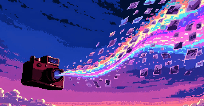 A pixel art camera shoots a rainbow stream of floating photos into a purple sky.