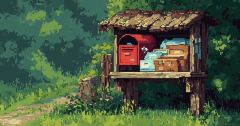 Pixel art of a rustic wooden mailbox station filled with letters and parcels in a forest.