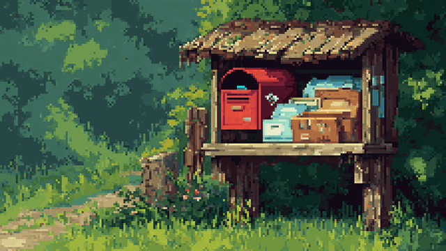 Pixel art of a rustic wooden mailbox station filled with letters and parcels in a forest.