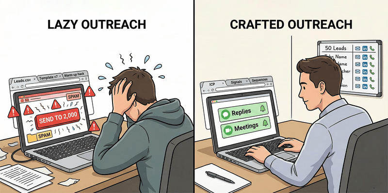 Split illustration comparing a stressed person doing lazy outreach versus a calm person doing crafted outreach.