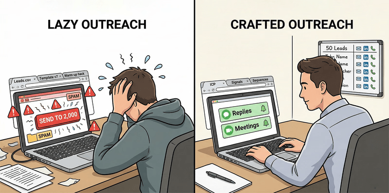 Side-by-side illustration contrasting lazy outreach (spammy bulk sending to thousands) versus crafted outreach (tight ICP, signals, sequences, and fewer higher-quality touches that generate replies and meetings).