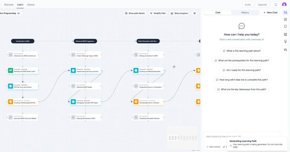 A learning path diagram for robotics programming next to an AI chat interface.