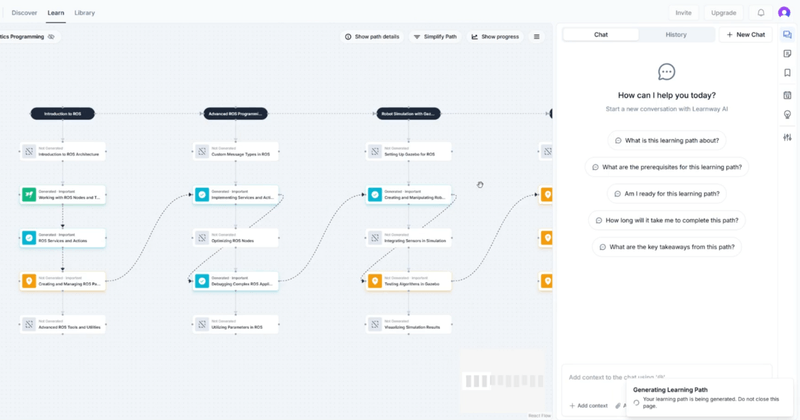 A learning path diagram for robotics programming next to an AI chat interface.