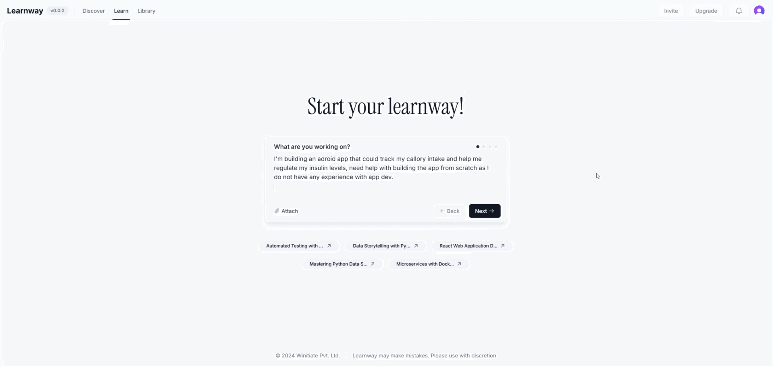 Learnway onboarding interface