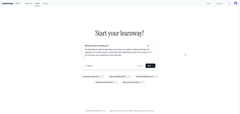 A website interface featuring a prompt box for starting a new learning project.