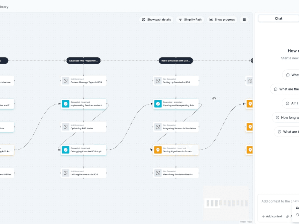 A digital flowchart of a robotics learning path next to an AI chat sidebar.