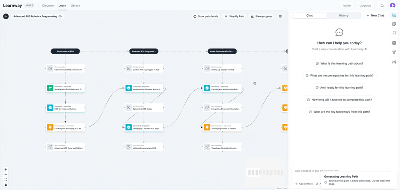 A digital flowchart of a robotics learning path next to an AI chat sidebar.