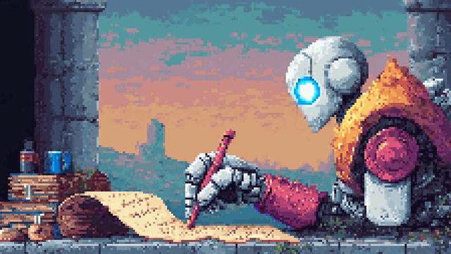 Pixel art of a robot with a glowing blue eye writing on a scroll.