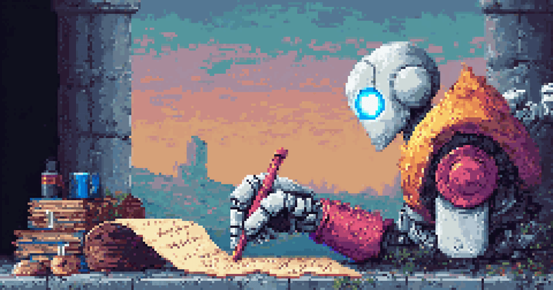 Pixel art of a robot with a glowing blue eye writing on a scroll.